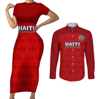 Custom Haiti Football Couples Matching Short Sleeve Bodycon Dress and Long Sleeve Button Shirts Les Grenadieres 2023 World Cup Red Version - Wonder Print Shop
