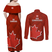 Canada Soccer Couples Matching Off Shoulder Maxi Dress and Long Sleeve Button Shirts Go Canucks Maple Leaf 2023 World Cup - Wonder Print Shop