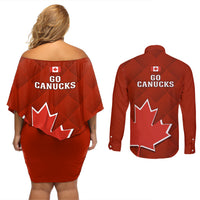 Canada Soccer Couples Matching Off Shoulder Short Dress and Long Sleeve Button Shirts Go Canucks Maple Leaf 2023 World Cup - Wonder Print Shop