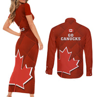 Canada Soccer Couples Matching Short Sleeve Bodycon Dress and Long Sleeve Button Shirts Go Canucks Maple Leaf 2023 World Cup - Wonder Print Shop