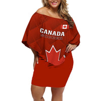 Red off-shoulder short dress with Canada Soccer print and maple leaf emblem