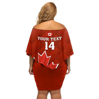 Red off-shoulder short dress, back print with 'YOUR TEXT', number 14, maple leaf
