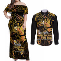Polynesia Suicide Prevention Awareness Couples Matching Off Shoulder Maxi Dress and Long Sleeve Button Shirts Your Life Is Worth Living For Polynesian Purple Pattern - Wonder Print Shop