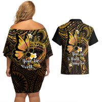 Polynesia Suicide Prevention Awareness Couples Matching Off Shoulder Short Dress and Hawaiian Shirt Your Life Is Worth Living For Polynesian Purple Pattern - Wonder Print Shop