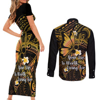 Polynesia Suicide Prevention Awareness Couples Matching Short Sleeve Bodycon Dress and Long Sleeve Button Shirts Your Life Is Worth Living For Polynesian Purple Pattern - Wonder Print Shop