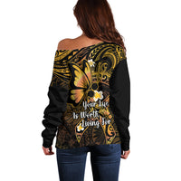 Polynesia Suicide Prevention Awareness Off Shoulder Sweater Your Life Is Worth Living For Polynesian Purple Pattern - Wonder Print Shop