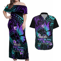 Polynesia Suicide Prevention Awareness Couples Matching Off Shoulder Maxi Dress and Hawaiian Shirt Your Life Is Worth Living For Polynesian Blue Pattern - Wonder Print Shop