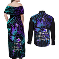 Polynesia Suicide Prevention Awareness Couples Matching Off Shoulder Maxi Dress and Long Sleeve Button Shirts Your Life Is Worth Living For Polynesian Blue Pattern - Wonder Print Shop