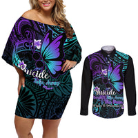 Polynesia Suicide Prevention Awareness Couples Matching Off Shoulder Short Dress and Long Sleeve Button Shirts Your Life Is Worth Living For Polynesian Blue Pattern - Wonder Print Shop