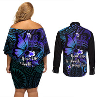 Polynesia Suicide Prevention Awareness Couples Matching Off Shoulder Short Dress and Long Sleeve Button Shirts Your Life Is Worth Living For Polynesian Blue Pattern - Wonder Print Shop