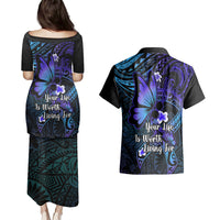 Polynesia Suicide Prevention Awareness Couples Matching Puletasi Dress and Hawaiian Shirt Your Life Is Worth Living For Polynesian Blue Pattern - Wonder Print Shop