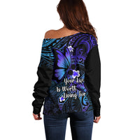 Polynesia Suicide Prevention Awareness Off Shoulder Sweater Your Life Is Worth Living For Polynesian Blue Pattern - Wonder Print Shop