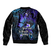 Polynesia Suicide Prevention Awareness Sleeve Zip Bomber Jacket Your Life Is Worth Living For Polynesian Blue Pattern - Wonder Print Shop