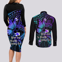 Polynesia Suicide Prevention Awareness Couples Matching Long Sleeve Bodycon Dress and Long Sleeve Button Shirts Your Life Is Worth Living For Polynesian Gold Pattern - Wonder Print Shop