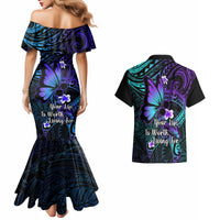 Polynesia Suicide Prevention Awareness Couples Matching Mermaid Dress and Hawaiian Shirt Your Life Is Worth Living For Polynesian Gold Pattern - Wonder Print Shop