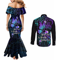 polynesia-suicide-prevention-awareness-couples-matching-mermaid-dress-and-long-sleeve-button-shirts-your-life-is-worth-living-for-polynesian-gold-pattern
