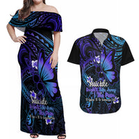 Polynesia Suicide Prevention Awareness Couples Matching Off Shoulder Maxi Dress and Hawaiian Shirt Your Life Is Worth Living For Polynesian Gold Pattern - Wonder Print Shop