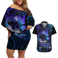 Polynesia Suicide Prevention Awareness Couples Matching Off Shoulder Short Dress and Hawaiian Shirt Your Life Is Worth Living For Polynesian Gold Pattern - Wonder Print Shop