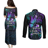 Polynesia Suicide Prevention Awareness Couples Matching Puletasi Dress and Long Sleeve Button Shirts Your Life Is Worth Living For Polynesian Gold Pattern - Wonder Print Shop
