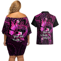 Polynesia Suicide Prevention Awareness Couples Matching Off Shoulder Short Dress and Hawaiian Shirt Your Life Is Worth Living For Polynesian Pink Pattern - Wonder Print Shop