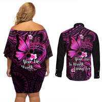 Polynesia Suicide Prevention Awareness Couples Matching Off Shoulder Short Dress and Long Sleeve Button Shirts Your Life Is Worth Living For Polynesian Pink Pattern - Wonder Print Shop