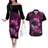 Polynesia Suicide Prevention Awareness Couples Matching Off The Shoulder Long Sleeve Dress and Hawaiian Shirt Your Life Is Worth Living For Polynesian Pink Pattern - Wonder Print Shop