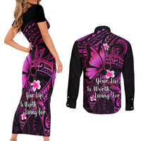 Polynesia Suicide Prevention Awareness Couples Matching Short Sleeve Bodycon Dress and Long Sleeve Button Shirts Your Life Is Worth Living For Polynesian Pink Pattern - Wonder Print Shop