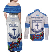 Fiji Holy Cross College Couples Matching Off Shoulder Maxi Dress and Long Sleeve Button Shirts Happy 50th Anniversary Fijian Tagimoucia Tapa Pattern - Wonder Print Shop