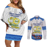 Fiji Holy Cross College Couples Matching Off Shoulder Short Dress and Long Sleeve Button Shirts Happy 50th Anniversary Fijian Tagimoucia Tapa Pattern - Wonder Print Shop