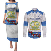 Fiji Holy Cross College Couples Matching Puletasi Dress and Long Sleeve Button Shirts Happy 50th Anniversary Fijian Tagimoucia Tapa Pattern - Wonder Print Shop