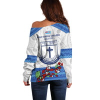 Fiji Holy Cross College Off Shoulder Sweater Happy 50th Anniversary Fijian Tagimoucia Tapa Pattern - Wonder Print Shop