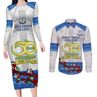 Personalised Fiji Holy Cross College Couples Matching Long Sleeve Bodycon Dress and Long Sleeve Button Shirts Happy 50th Anniversary Fijian Tagimoucia Tapa Pattern - Wonder Print Shop