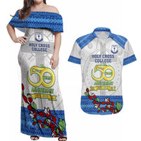 Personalised Fiji Holy Cross College Couples Matching Off Shoulder Maxi Dress and Hawaiian Shirt Happy 50th Anniversary Fijian Tagimoucia Tapa Pattern - Wonder Print Shop