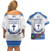 Personalised Fiji Holy Cross College Couples Matching Off Shoulder Short Dress and Hawaiian Shirt Happy 50th Anniversary Fijian Tagimoucia Tapa Pattern - Wonder Print Shop