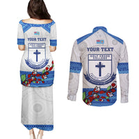 Personalised Fiji Holy Cross College Couples Matching Puletasi Dress and Long Sleeve Button Shirts Happy 50th Anniversary Fijian Tagimoucia Tapa Pattern - Wonder Print Shop