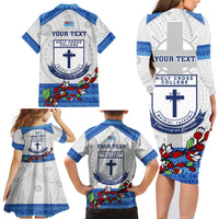 Personalised Fiji Holy Cross College Family Matching Long Sleeve Bodycon Dress and Hawaiian Shirt Happy 50th Anniversary Fijian Tagimoucia Tapa Pattern - Wonder Print Shop