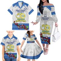 Personalised Fiji Holy Cross College Family Matching Off Shoulder Long Sleeve Dress and Hawaiian Shirt Happy 50th Anniversary Fijian Tagimoucia Tapa Pattern - Wonder Print Shop