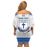 Personalised Fiji Holy Cross College Family Matching Off Shoulder Short Dress and Hawaiian Shirt Happy 50th Anniversary Fijian Tagimoucia Tapa Pattern - Wonder Print Shop