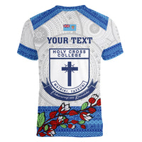 Personalised Fiji Holy Cross College Women V Neck T Shirt Happy 50th Anniversary Fijian Tagimoucia Tapa Pattern - Wonder Print Shop