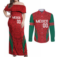 Custom Baseball Mexico 2024 Couples Matching Off Shoulder Maxi Dress and Long Sleeve Button Shirt Aztec Calendar Pattern - Dynamic Style - Wonder Print Shop