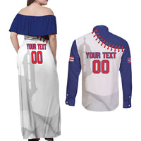 Custom Baseball Puerto Rico Couples Matching Off Shoulder Maxi Dress and Long Sleeve Button Shirt Coqui Mascot - Dynamic Style - Wonder Print Shop