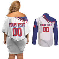 Custom Baseball Puerto Rico Couples Matching Off Shoulder Short Dress and Long Sleeve Button Shirt Coqui Mascot - Dynamic Style - Wonder Print Shop