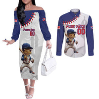 Custom Baseball Puerto Rico Couples Matching Off The Shoulder Long Sleeve Dress and Long Sleeve Button Shirt Coqui Mascot - Dynamic Style