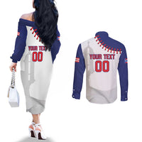 Custom Baseball Puerto Rico Couples Matching Off The Shoulder Long Sleeve Dress and Long Sleeve Button Shirt Coqui Mascot - Dynamic Style