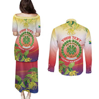 Personalized Comoros Couples Matching Puletasi and Long Sleeve Button Shirt Coat Of Arms Mix Ylang Ylang Flower - Wonder Print Shop