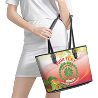 Personalized Comoros Leather Tote Bag Coat Of Arms Mix Ylang Ylang Flower - Wonder Print Shop
