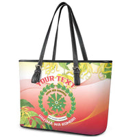 Personalized Comoros Leather Tote Bag Coat Of Arms Mix Ylang Ylang Flower - Wonder Print Shop