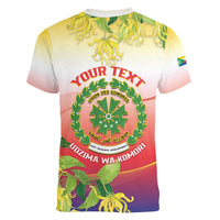 Personalized Comoros Women V-Neck T-Shirt Coat Of Arms Mix Ylang Ylang Flower - Wonder Print Shop