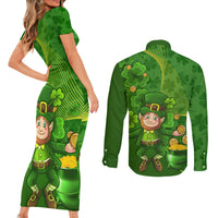 Happy St Patricks Day Couples Matching Short Sleeve Bodycon Dress and Long Sleeve Button Shirt 2024 Irish Shamrocks With Lucky Leprechaun - Wonder Print Shop