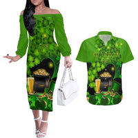 Happy St Patricks Day Couples Matching Off The Shoulder Long Sleeve Dress and Hawaiian Shirt La Fheile Padraig Shamrock Style - Wonder Print Shop
